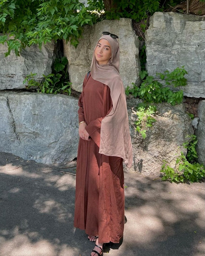 2PC Aya Linen Abaya Set - Coffee