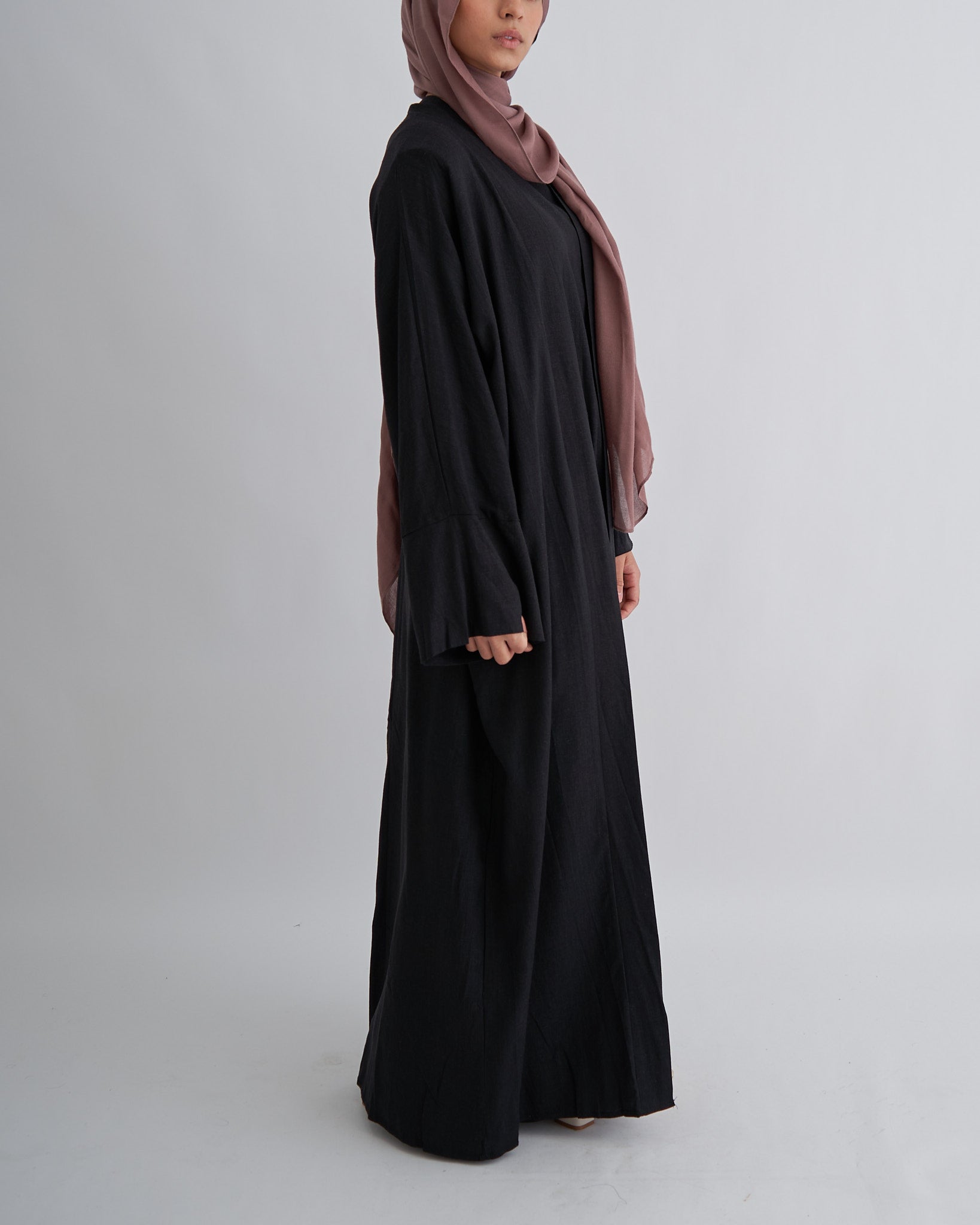 2PC Aya Linen Abaya Set - Black