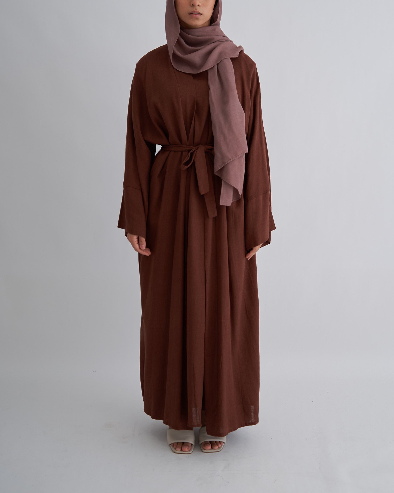 2PC Aya Linen Abaya Set - Coffee