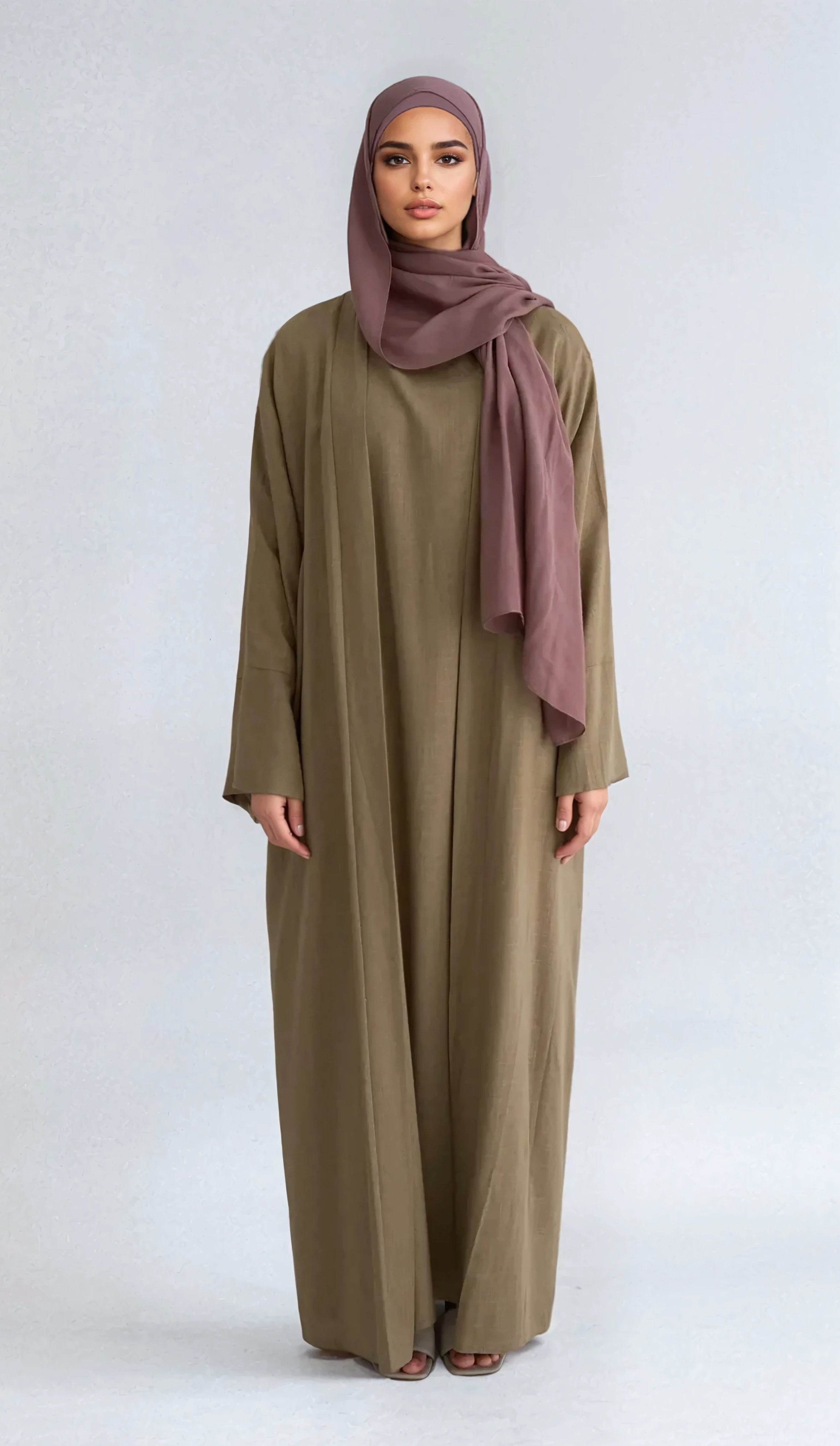 2-teiliges Aya-Leinen-Abaya-Set - Moos