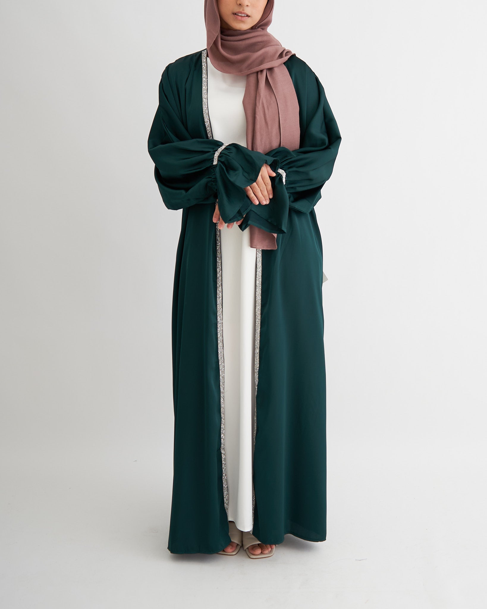 2-teiliges Zainab Glitzer-Abaya-Set - Smaragdgrün